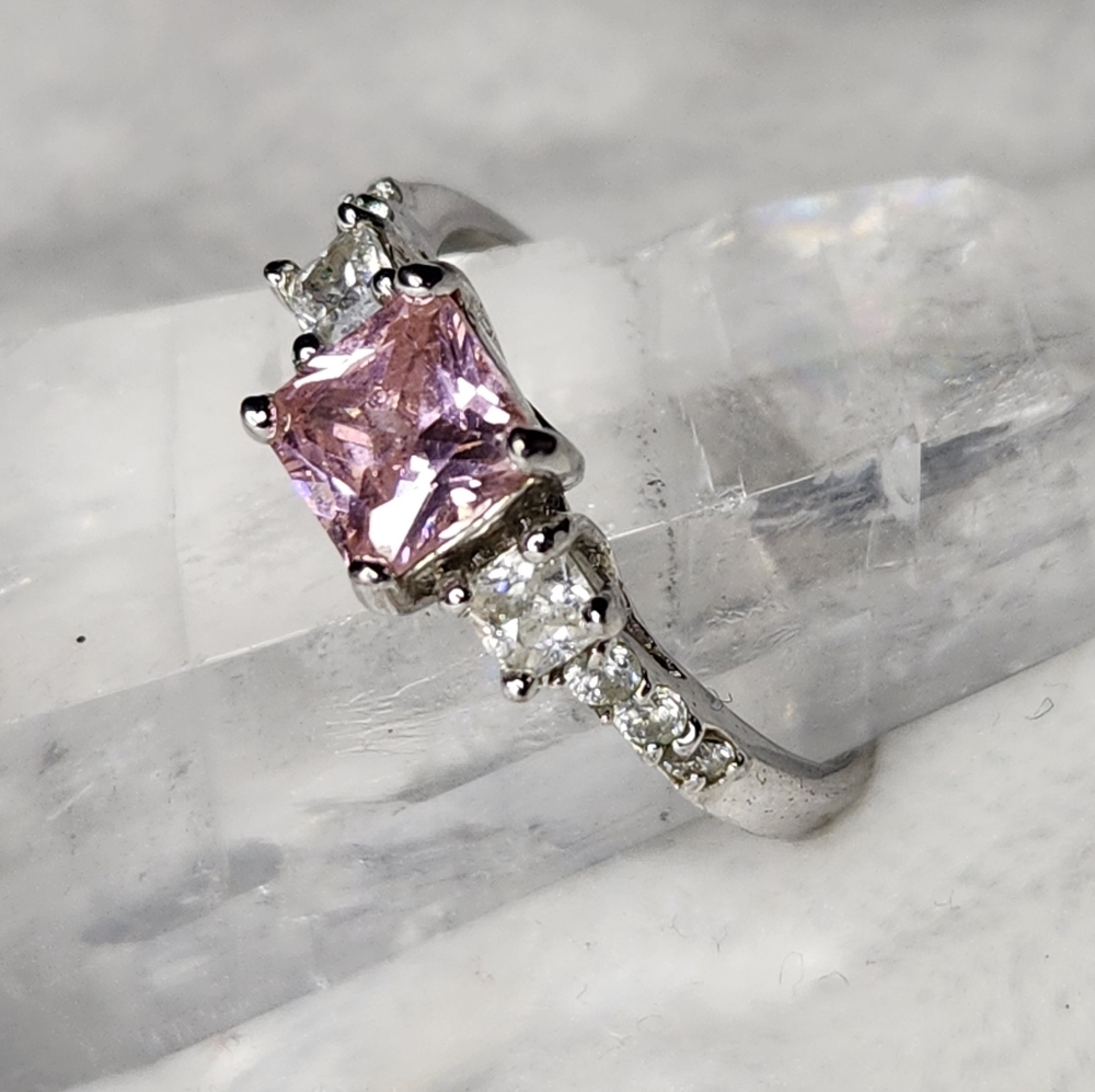 Womens Sterling Silver Princess Cut Pink Crystal Diamond